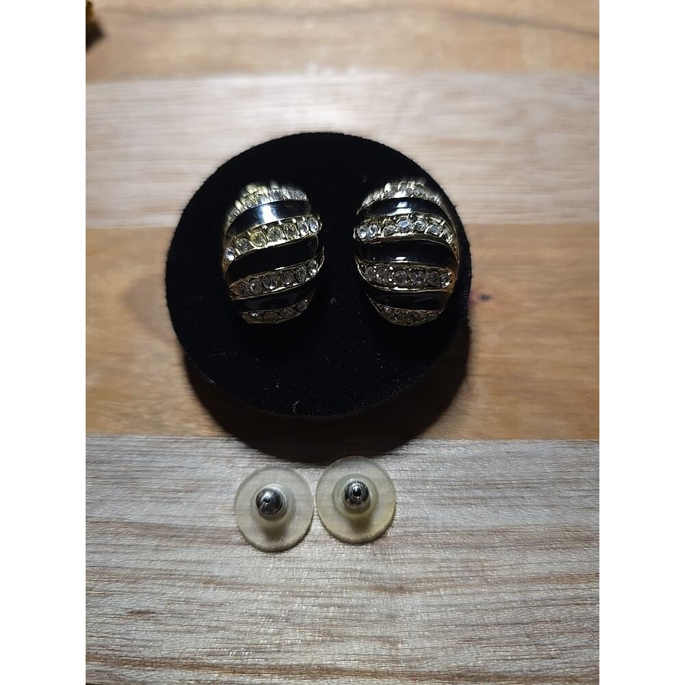 Vtg Silver Tone Black Enamel Rhinestone Old Hollywood Glam Earrings Jewelry - Picture 3 of 5